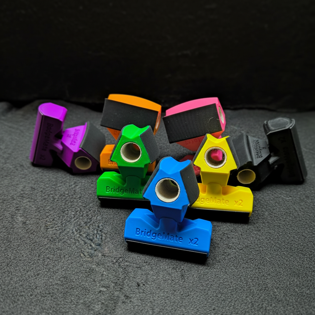 Bridge Mate X2 3D-printed billiard bridge heads in blue, green, yellow, orange, pink, and purple — multi-color cue bridge head collection displayed on dark surface showing BridgeMate X2 branding"