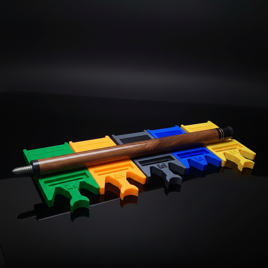 "Compact Cue Holder portable pool cue stands in green, yellow, orange, gray, and blue avaible 2 an 3  place 