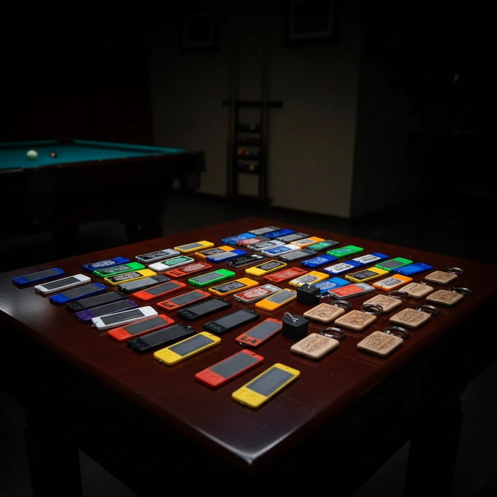 "Custom Chalk Holder personalized pool chalk keychains displayed in large collection of multiple colors and custom designs on table in billiard room"