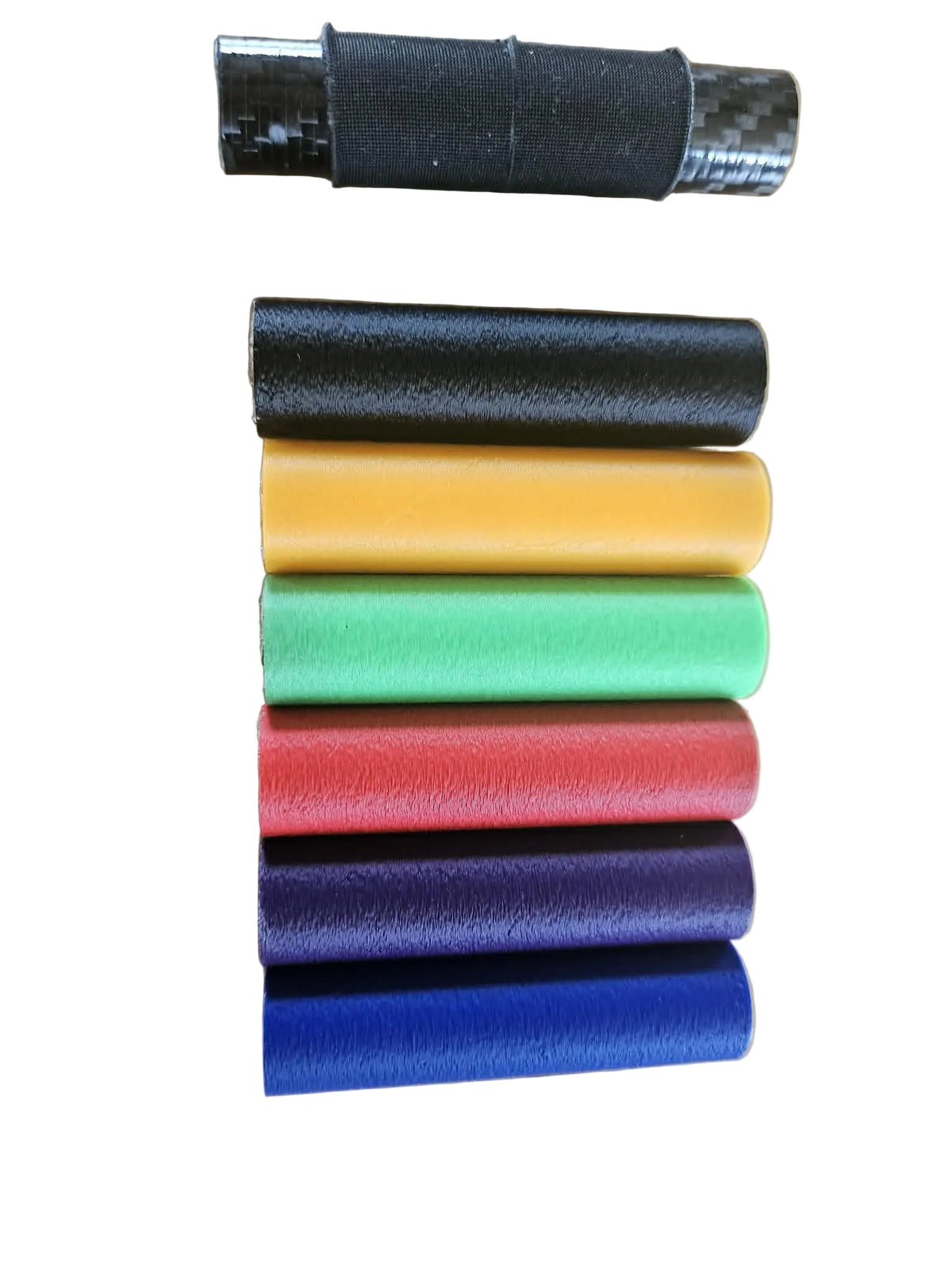 Shaft Mate 3D-printed pool cue shaft sleeves in black, orange, green, red, purple, and blue lined up beside a carbon fiber cue shaft showing textured grip surface