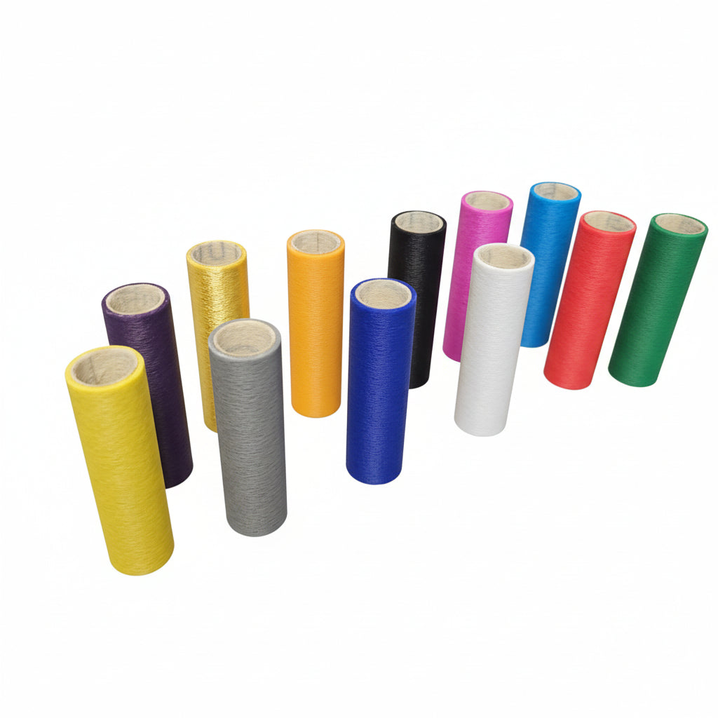 Shaft Mate pool cue shaft sleeves in multiple colors including yellow, blue, orange, gray, black, purple, pink, white, red, and green — displayed on workbench with 3D-printed billiard bridge accessories