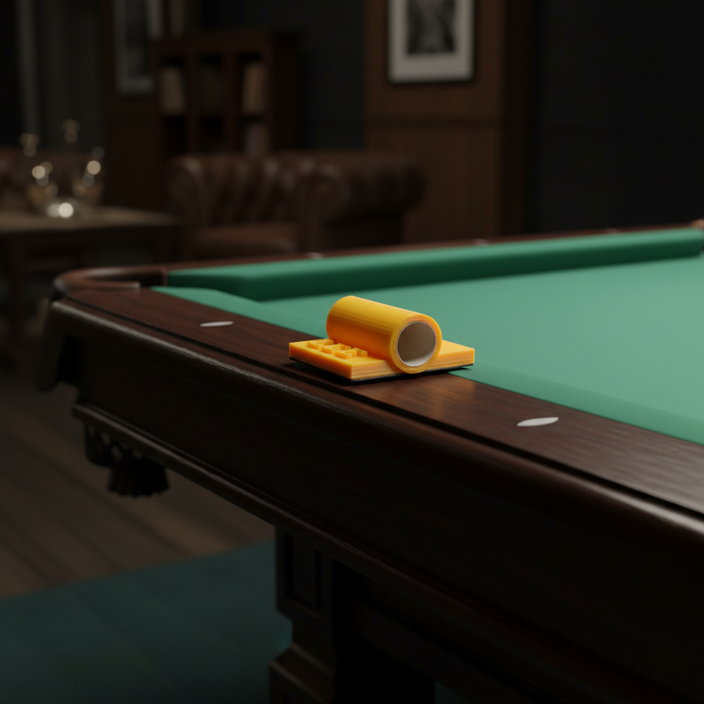"Rail Mate yellow 3D-printed billiard bridge resting on pool table rail edge — compact cue support for tough rail shots in dark billiard room setting"