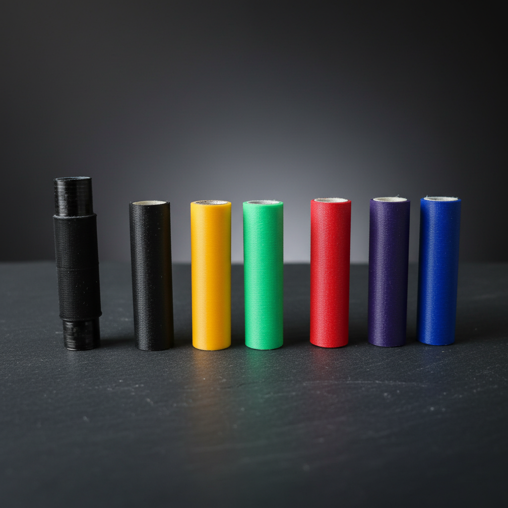Shaft Mate 3D-printed pool cue shaft sleeves in black, yellow, green, red, purple, and blue — full color lineup on dark surface showing textured grip and hollow cue ferrule opening